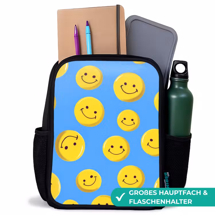 Kinderrucksack - Schwarz - Fröhlicher Smiley Regen auf blauem Hintergrund — 8