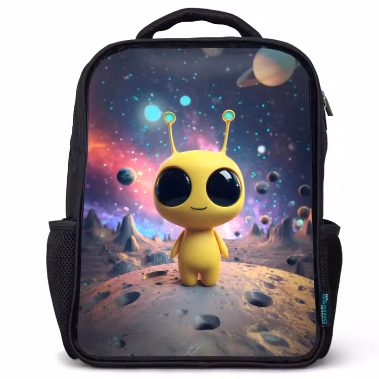 Kinderrucksack - Schwarz - Gelbe Weltraumkreatur mit großen Augen auf einem Kratermond — 1