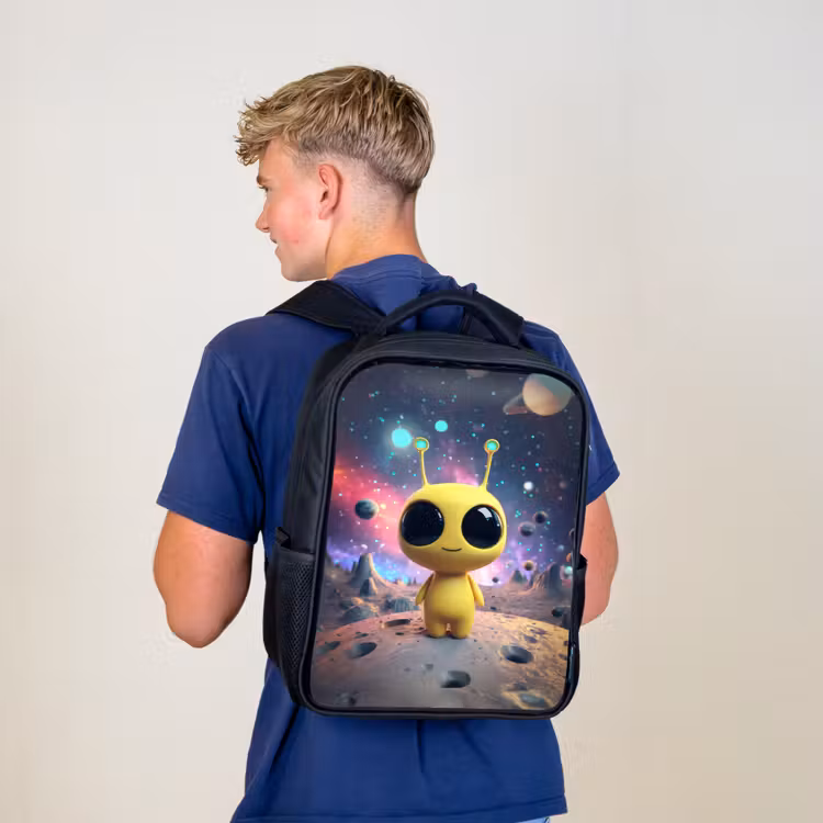Kinderrucksack - Schwarz - Gelbe Weltraumkreatur mit großen Augen auf einem Kratermond — 3