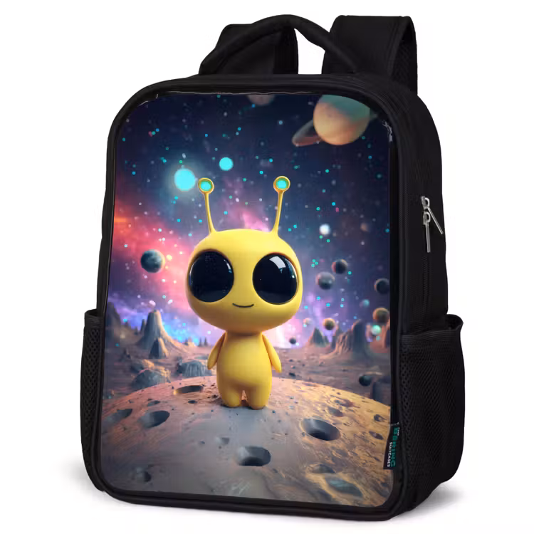 Kinderrucksack - Schwarz - Gelbe Weltraumkreatur mit großen Augen auf einem Kratermond — 4