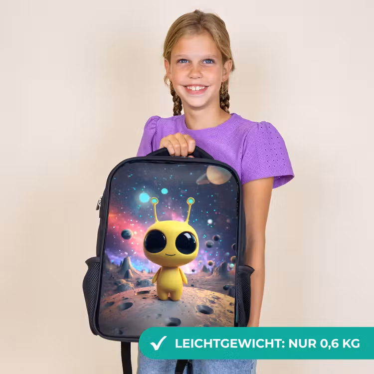 Kinderrucksack - Schwarz - Gelbe Weltraumkreatur mit großen Augen auf einem Kratermond — 7
