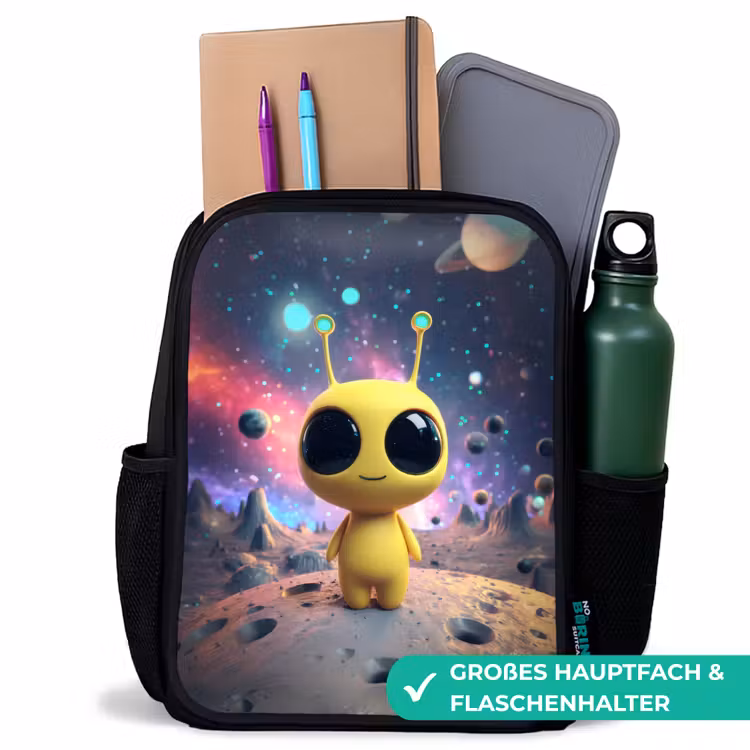 Kinderrucksack - Schwarz - Gelbe Weltraumkreatur mit großen Augen auf einem Kratermond — 8