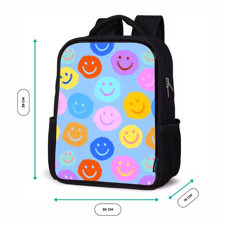 Kinderrucksack - Schwarz - Gemalte Smileycollage auf Hellblau — 6