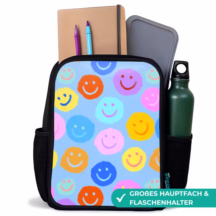 Kinderrucksack - Schwarz - Gemalte Smileycollage auf Hellblau — 8