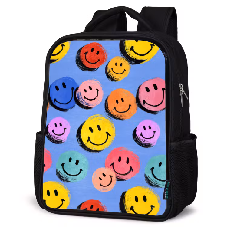 Kinderrucksack - Schwarz - Gezeichnete Smiley-Kritzeleien mit hellen Pinselstrichen — 4