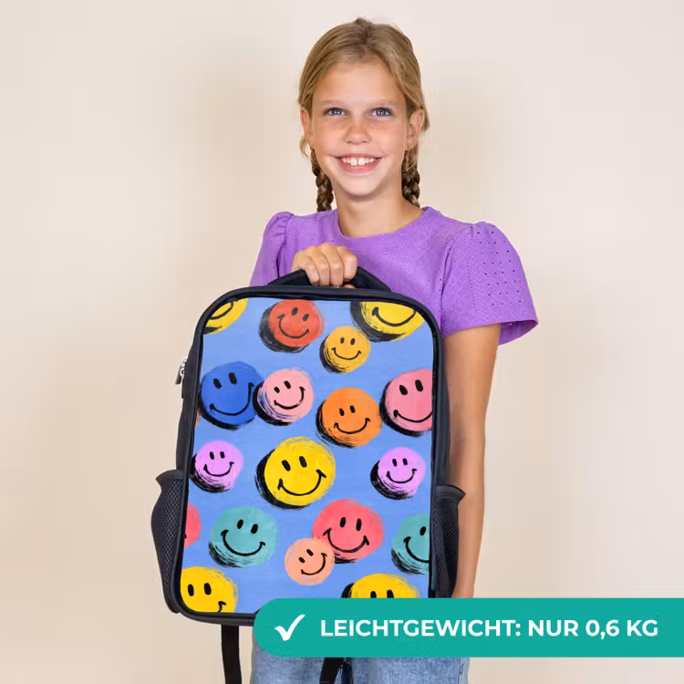 Kinderrucksack - Schwarz - Gezeichnete Smiley-Kritzeleien mit hellen Pinselstrichen — 7