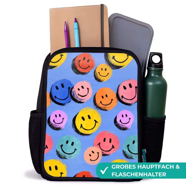 Kinderrucksack - Schwarz - Gezeichnete Smiley-Kritzeleien mit hellen Pinselstrichen — 8