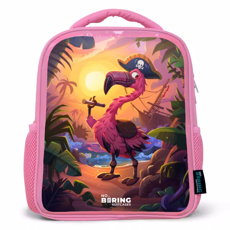Kinderrucksack - Rosa - Piratenflamingo auf einem tropischen Pfad — 1