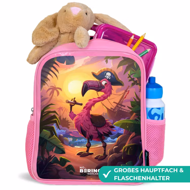 Kinderrucksack - Rosa - Piratenflamingo auf einem tropischen Pfad — 3