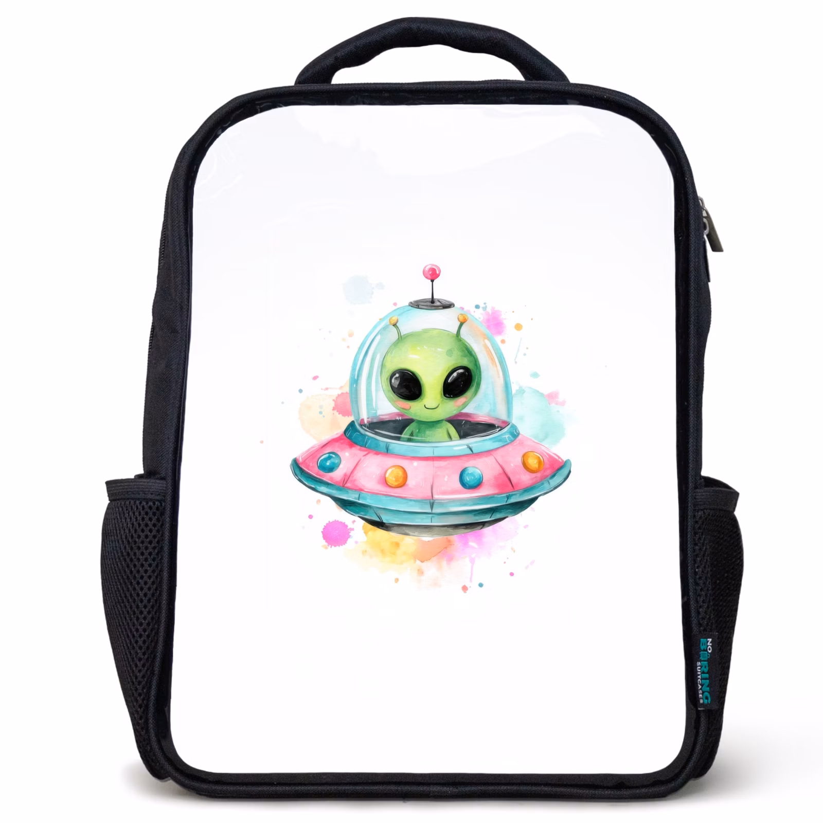 Kinderrucksack - Schwarz - Fröhlicher Außerirdischer in bunter fliegender Untertasse mit Aquarellspritzern — 1