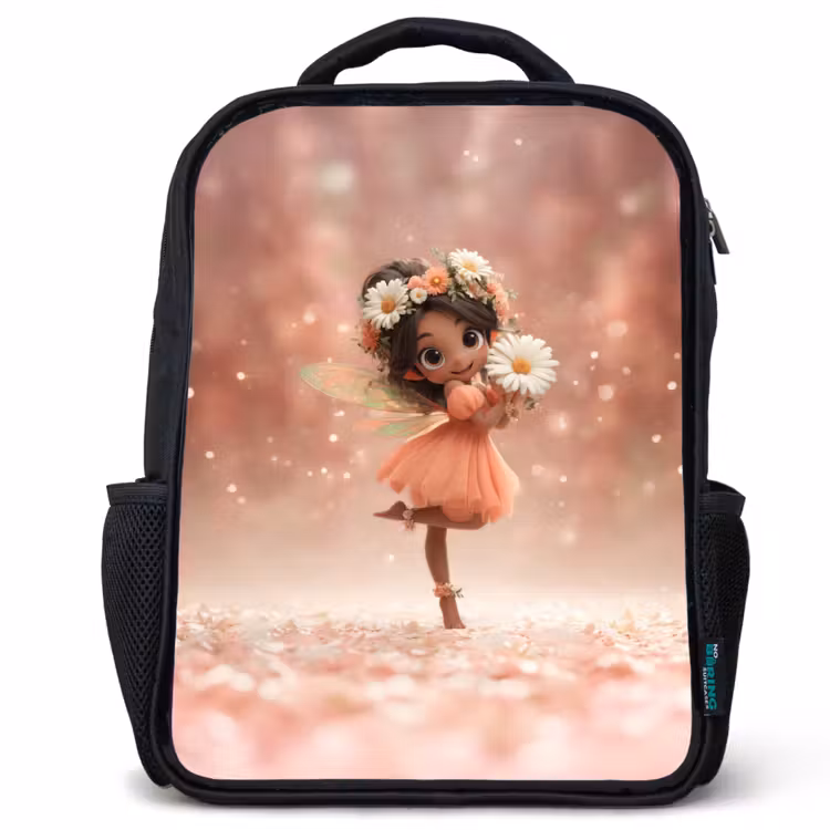 Kinderrucksack - Schwarz - Blumenfee mit Gänseblümchen in einem rosa Blütentraum — 1