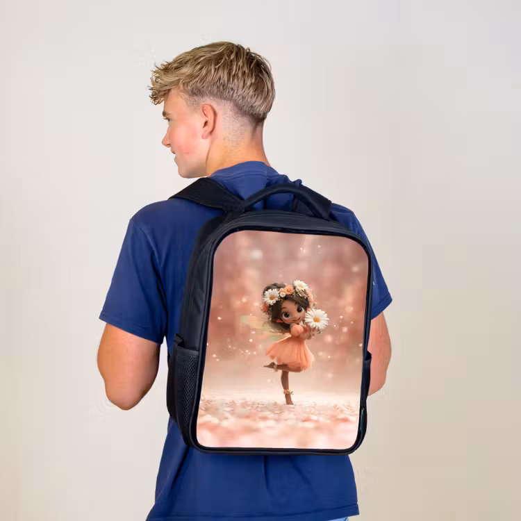 Kinderrucksack - Schwarz - Blumenfee mit Gänseblümchen in einem rosa Blütentraum — 3