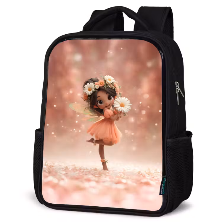 Kinderrucksack - Schwarz - Blumenfee mit Gänseblümchen in einem rosa Blütentraum — 4