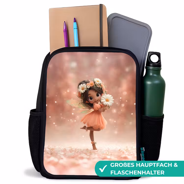 Kinderrucksack - Schwarz - Blumenfee mit Gänseblümchen in einem rosa Blütentraum — 8