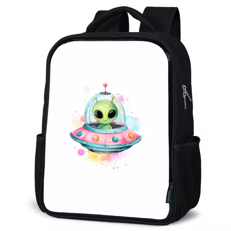 Kinderrucksack - Schwarz - Fröhlicher Außerirdischer in bunter fliegender Untertasse mit Aquarellspritzern — 4