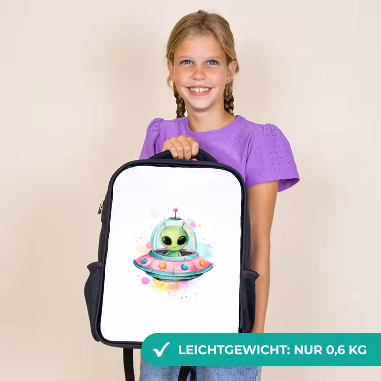 Kinderrucksack - Schwarz - Fröhlicher Außerirdischer in bunter fliegender Untertasse mit Aquarellspritzern — 7