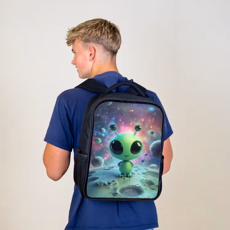 Kinderrucksack - Schwarz - Grüne Alienfigur auf Mondlandschaft mit kosmischem Hintergrund — 3