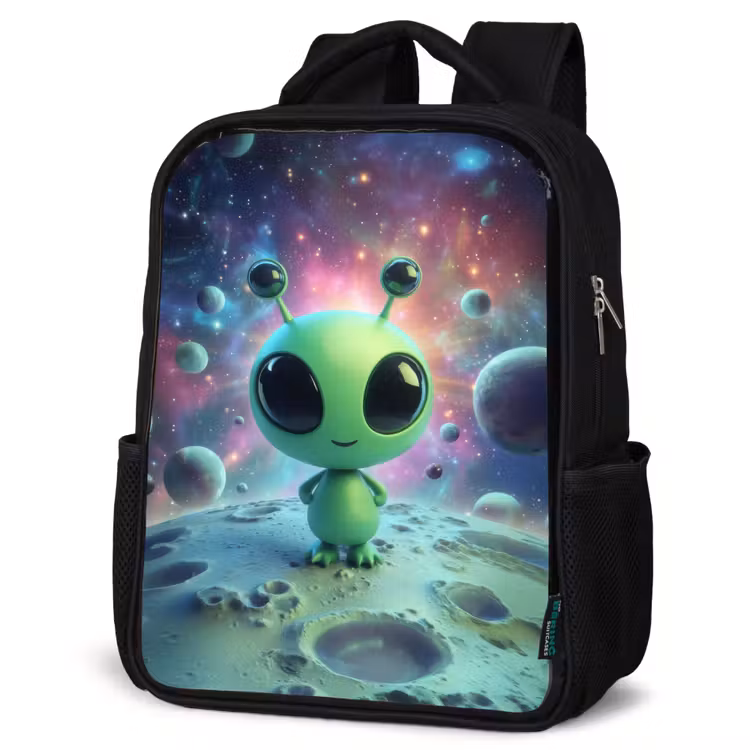 Kinderrucksack - Schwarz - Grüne Alienfigur auf Mondlandschaft mit kosmischem Hintergrund — 4