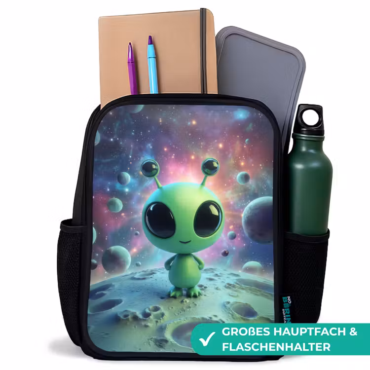 Kinderrucksack - Schwarz - Grüne Alienfigur auf Mondlandschaft mit kosmischem Hintergrund — 8