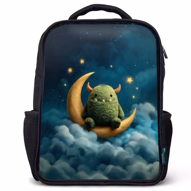 Kinderrucksack - Schwarz - Grünes Flusenmonster auf Mondsichel zwischen verträumten Wolken — 1