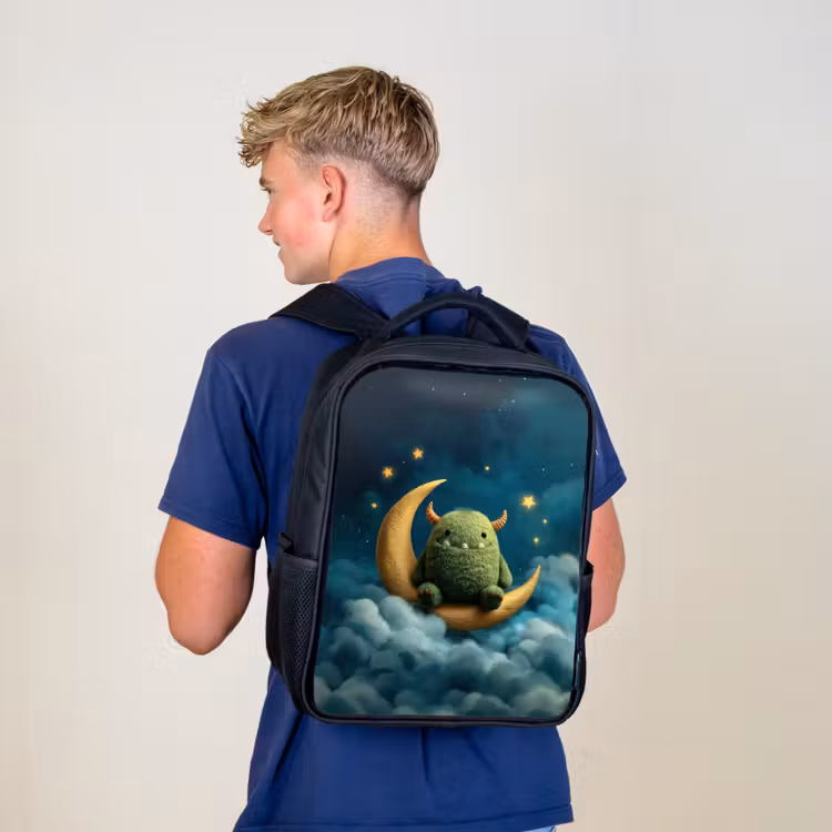 Kinderrucksack - Schwarz - Grünes Flusenmonster auf Mondsichel zwischen verträumten Wolken — 3