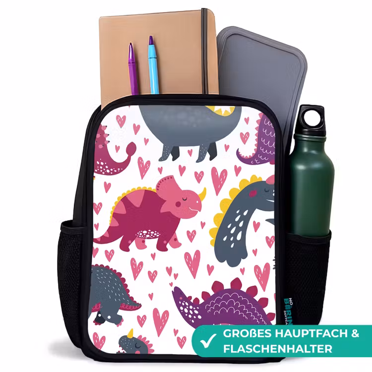 Kinderrucksack - Schwarz - Dino - Herz - Muster - Rosa - Mädchen - Dinosaurier — 8