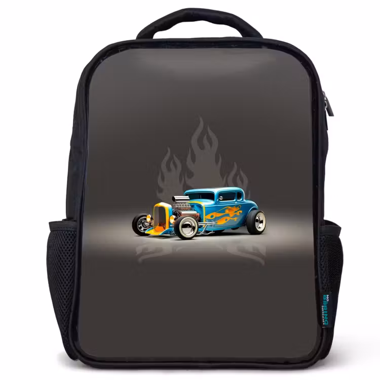 Kinderrucksack - Schwarz - Blaues Auto mit grauen Flammen — 1
