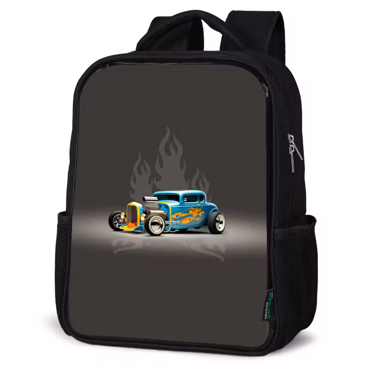 Kinderrucksack - Schwarz - Blaues Auto mit grauen Flammen — 4