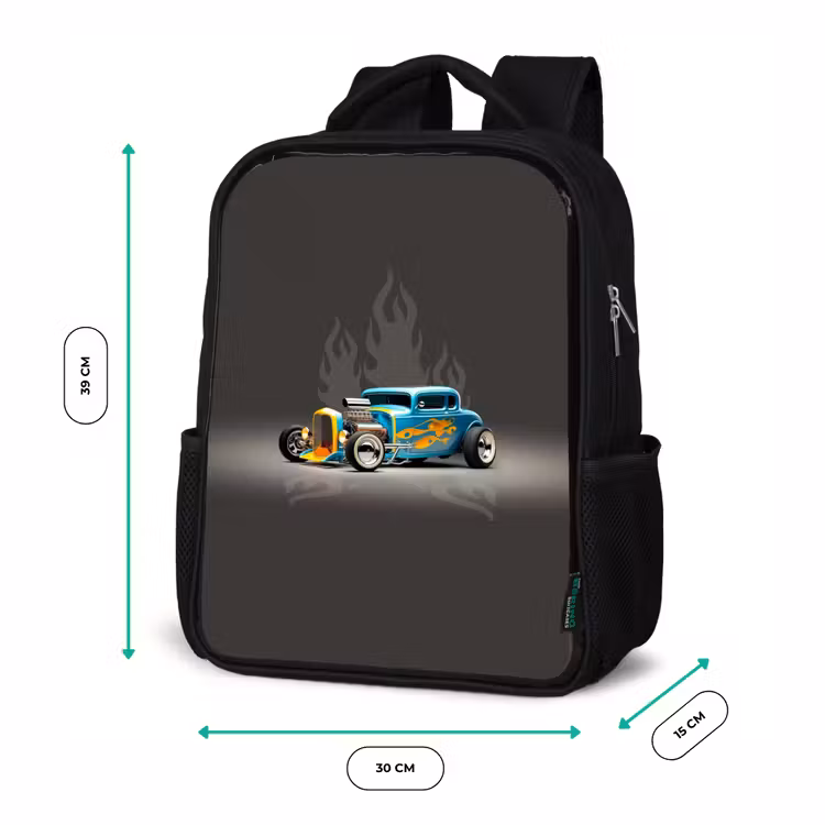 Kinderrucksack - Schwarz - Blaues Auto mit grauen Flammen — 6