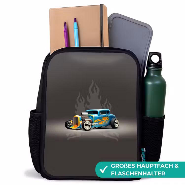 Kinderrucksack - Schwarz - Blaues Auto mit grauen Flammen — 8