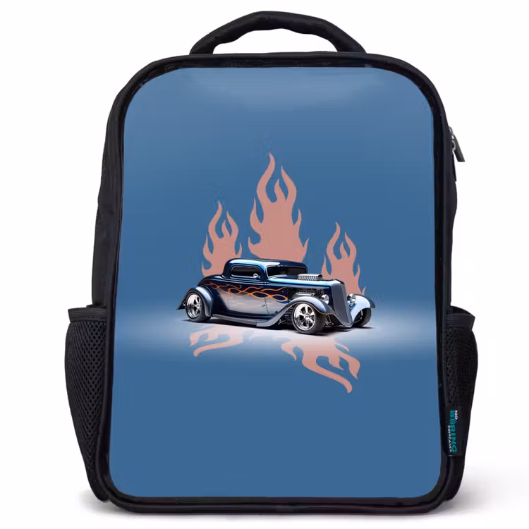 Kinderrucksack - Schwarz - Blaues Auto mit rosa Flammen — 1