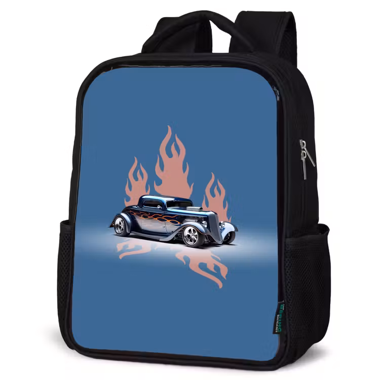 Kinderrucksack - Schwarz - Blaues Auto mit rosa Flammen — 4
