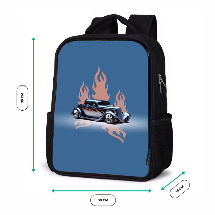 Kinderrucksack - Schwarz - Blaues Auto mit rosa Flammen — 6