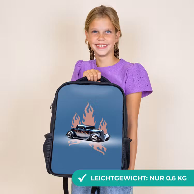 Kinderrucksack - Schwarz - Blaues Auto mit rosa Flammen — 7