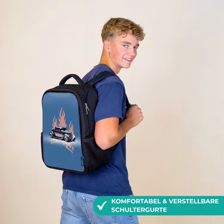Kinderrucksack - Schwarz - Blaues Auto mit rosa Flammen — 9