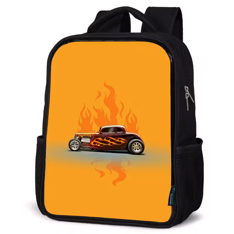 Kinderrucksack - Schwarz - Braunes Auto mit gelben Flammen — 4
