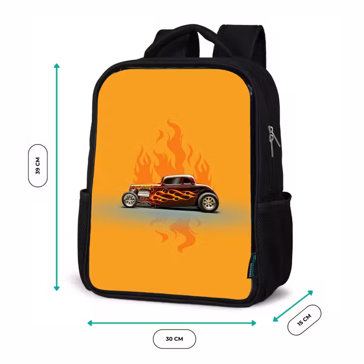 Kinderrucksack - Schwarz - Braunes Auto mit gelben Flammen — 6
