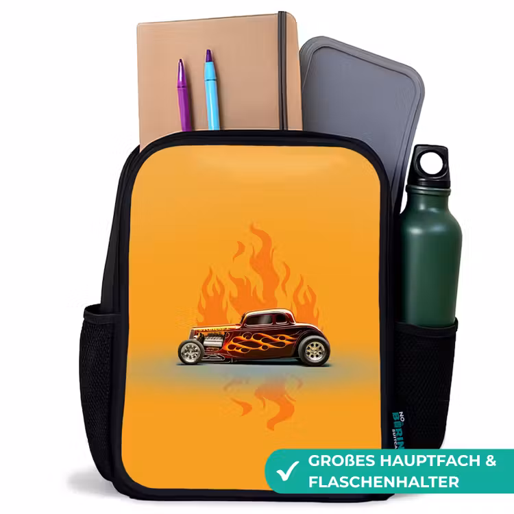 Kinderrucksack - Schwarz - Braunes Auto mit gelben Flammen — 8