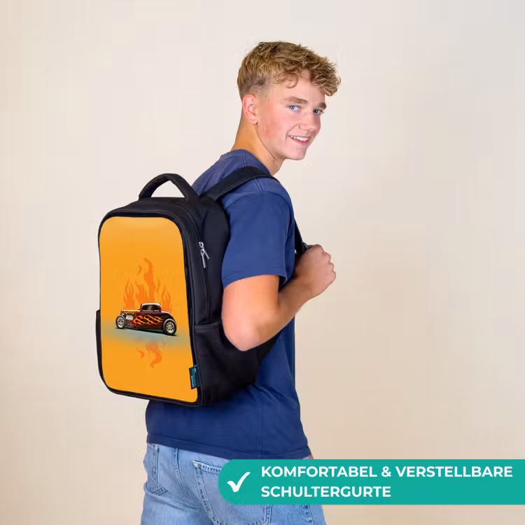 Kinderrucksack - Schwarz - Braunes Auto mit gelben Flammen — 9