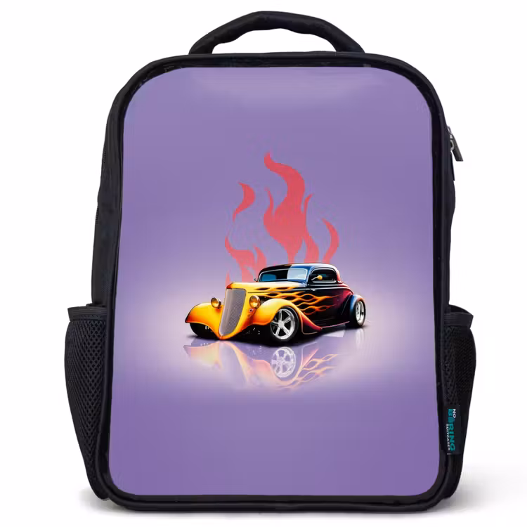 Kinderrucksack - Schwarz - Gelbes Auto mit rosa Flammen — 1