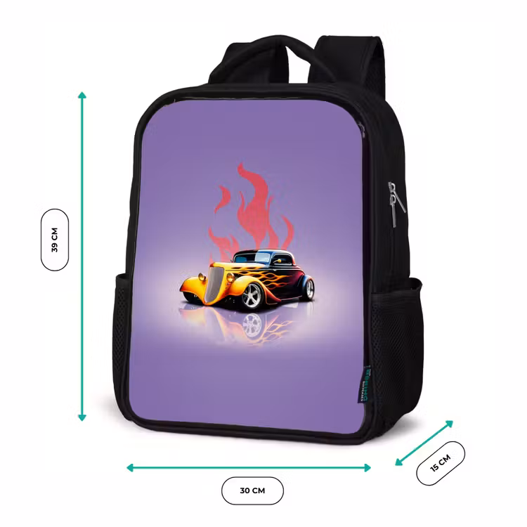 Kinderrucksack - Schwarz - Gelbes Auto mit rosa Flammen — 6