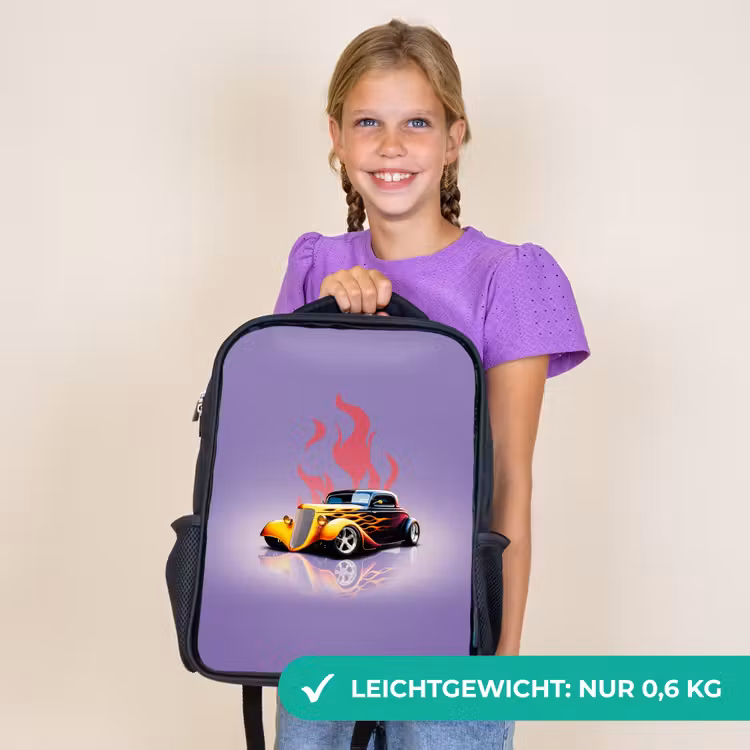 Kinderrucksack - Schwarz - Gelbes Auto mit rosa Flammen — 7