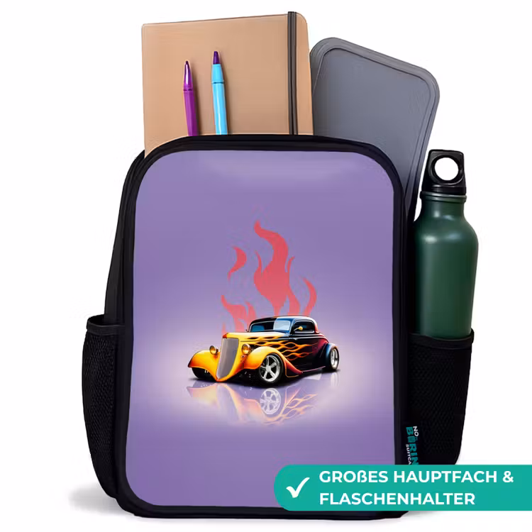 Kinderrucksack - Schwarz - Gelbes Auto mit rosa Flammen — 8