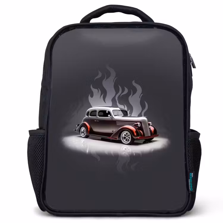 Kinderrucksack - Schwarz - Graues Auto mit grauen Flammen — 1
