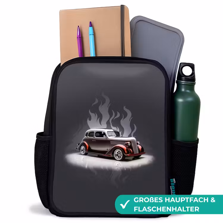 Kinderrucksack - Schwarz - Graues Auto mit grauen Flammen — 8
