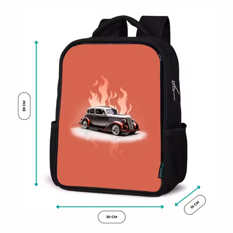 Kinderrucksack - Schwarz - Graues Auto mit rosa Flammen — 6