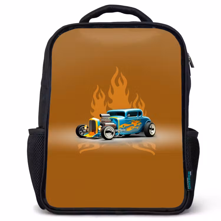 Kinderrucksack - Schwarz - Blaues Auto mit gelben Flammen — 1