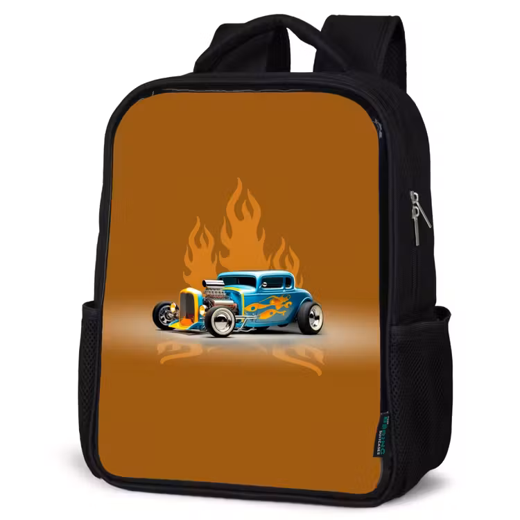 Kinderrucksack - Schwarz - Blaues Auto mit gelben Flammen — 4