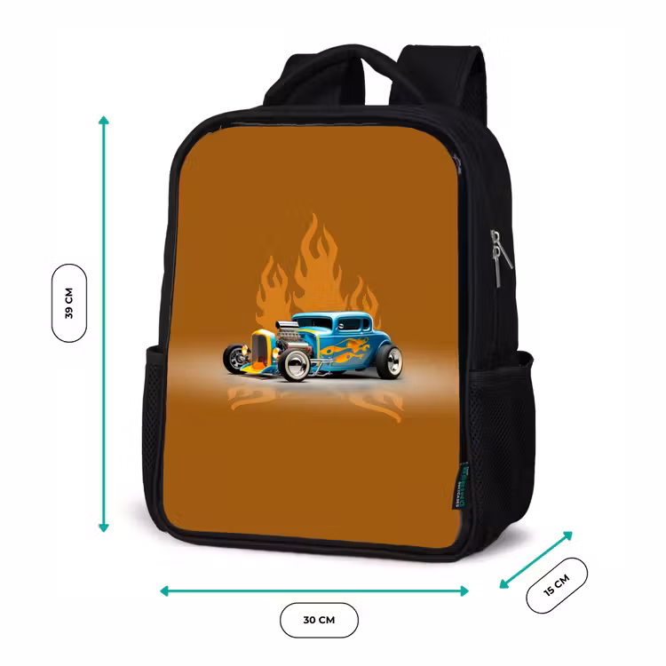 Kinderrucksack - Schwarz - Blaues Auto mit gelben Flammen — 6