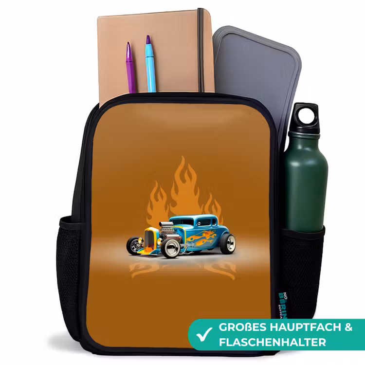 Kinderrucksack - Schwarz - Blaues Auto mit gelben Flammen — 8